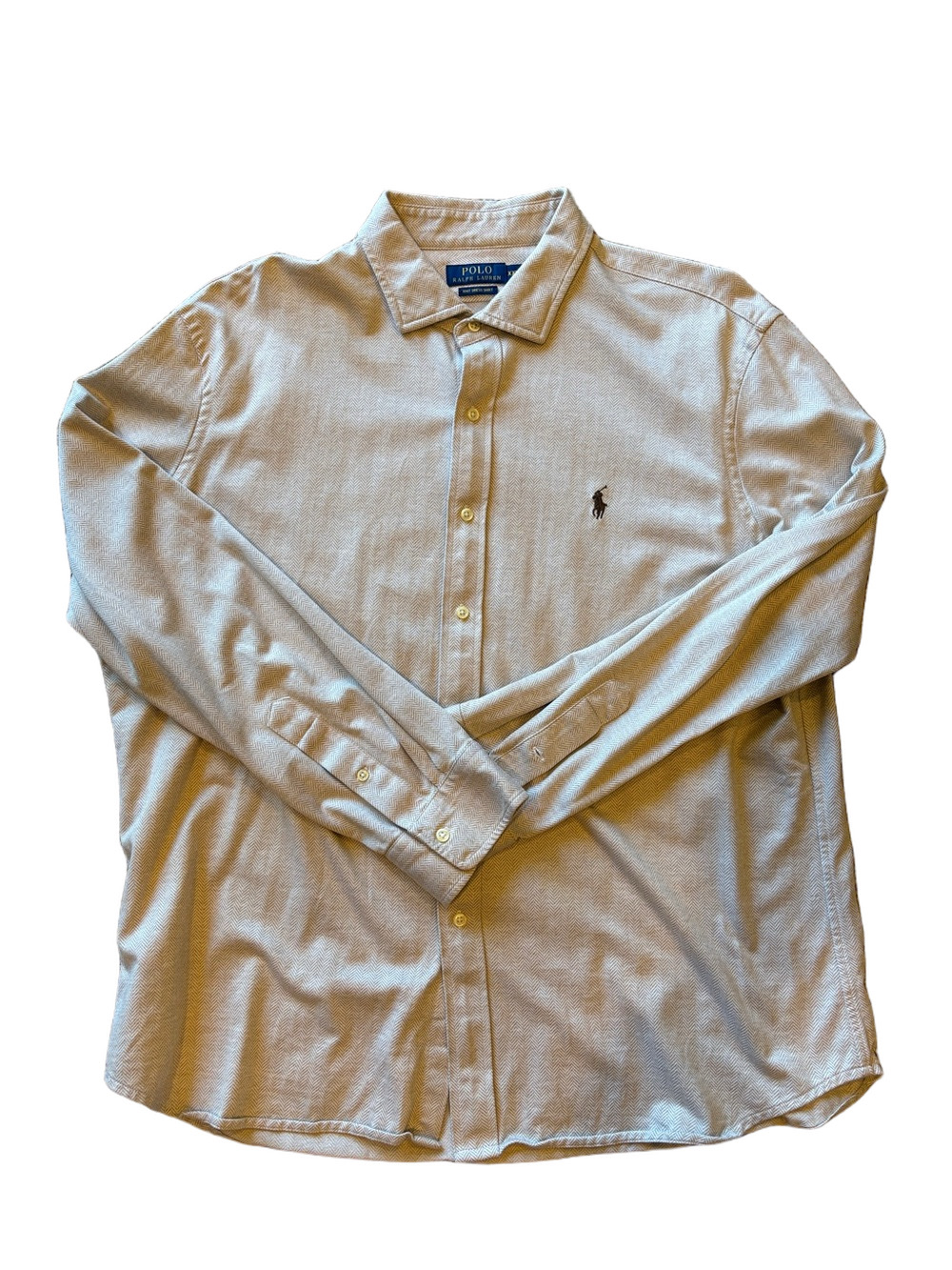 Polo Ralph Lauren XXL Knit Dress Shirt Beige Herringbone Long Sleeve